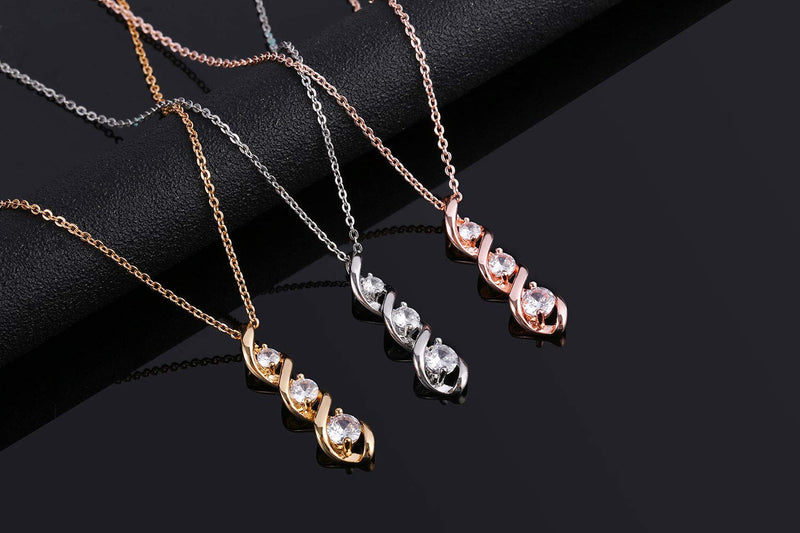 [Australia] - Ascona Gold Plated Cubic Zirconia Journey Necklaces for Women girls 3 Stone Simulated Diamond Twisted Pendant Womens Jewelry Necklace, 18+2" White Gold 