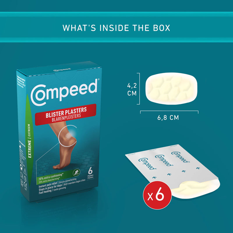 [Australia] - Compeed Extreme Blister Plasters, 6 Hydrocolloid Plasters, Foot Treatment, Heal Fast, 100% Plastic Free Carton Pack 6 Count (Pack of 1) Active 