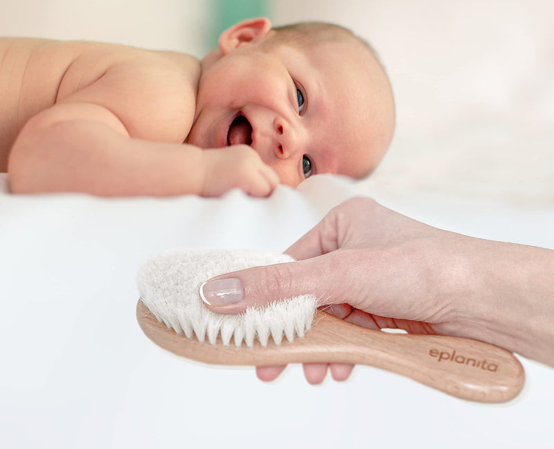 [Australia] - eplanita Baby Hair Brush and Comb Set for Newborns & Toddlers, Wooden with Natural Goat Bristles, for Cradle Cap and Massage, Extra Teething Ring, Ideal for Baby Registry or Baby Shower 