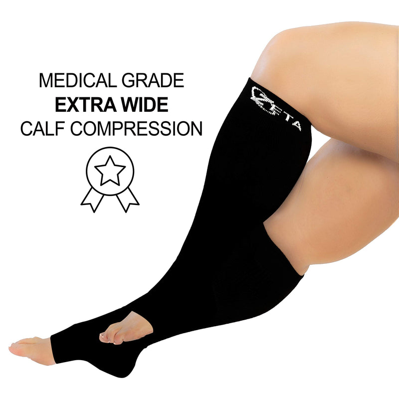 [Australia] - Zeta Socks Open Toe XXXL 26 Inch Wide Calf Plus Size Compression 20-30 mmHg for Fatigue, Pain, Leg Swelling, Soothing Comfy Gradient Support, Prevents Swelling, Pain, Edema, DVT (1 Pair) Black 