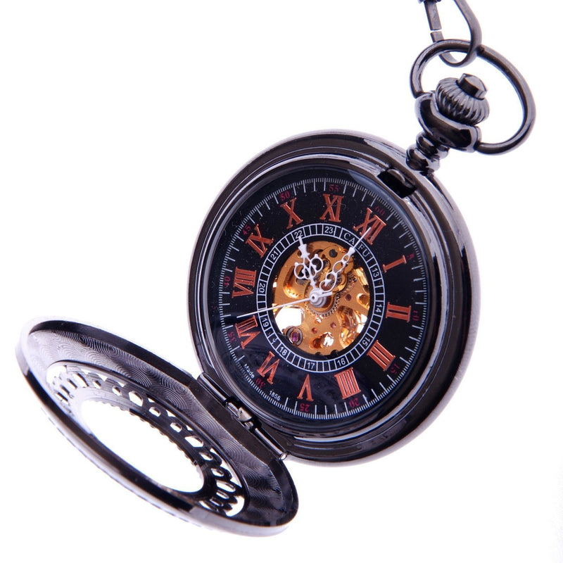 [Australia] - Skeleton Pocket Watch Chain Mechanical Hand Wind with Bronze Red Roman Numerals Half Hunter Vintage Antique Look - PW33 