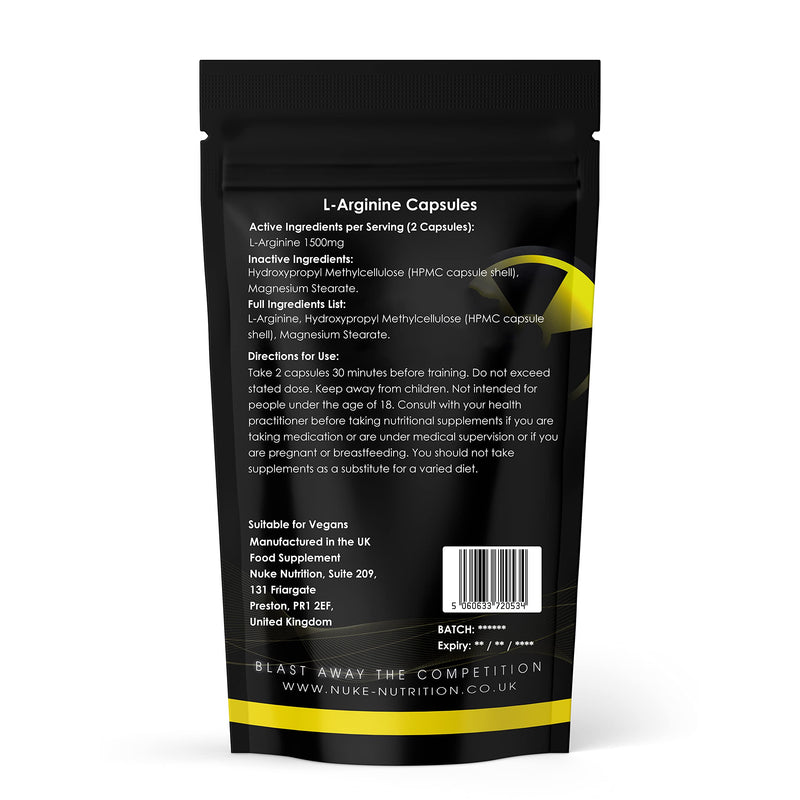 [Australia] - Nuke Nutrition L Arginine Capsules 1500mg - 60 Capsules - Nitric Oxide Supplement for Men & Women to Improve Muscle Strength, Endurance & Mass - Nutritional Pre Workout - Nitric Acid Pills for Energy 60 Count (Pack of 1) 