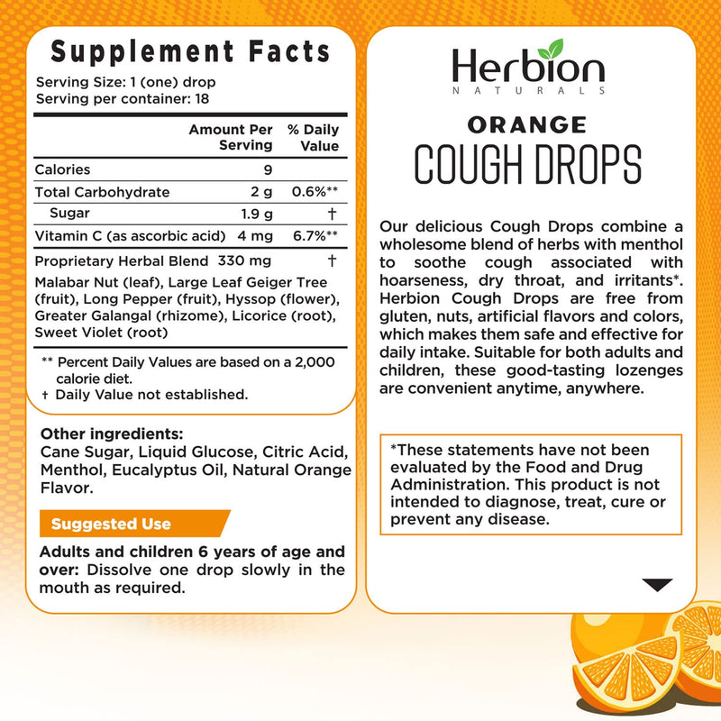 [Australia] - Herbion Naturals Cough Drops with Orange Flavor -18 Ct -Relieves Cough, Soothes Sore Throat & Dry Mouth, For Adults, Children 6 and above 