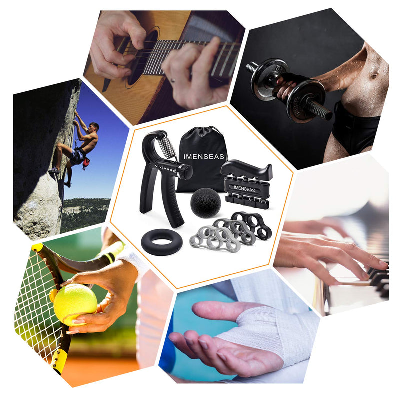 [Australia] - IMENSEAS Hand Grip Strengthener 7 Pack Adjustable Hand Gripper, Finger Stretcher Resistance Extensor Bands, Finger Exerciser, Grip Strength Ring & Stress Relief Ball for Athletes & Musicians Black 