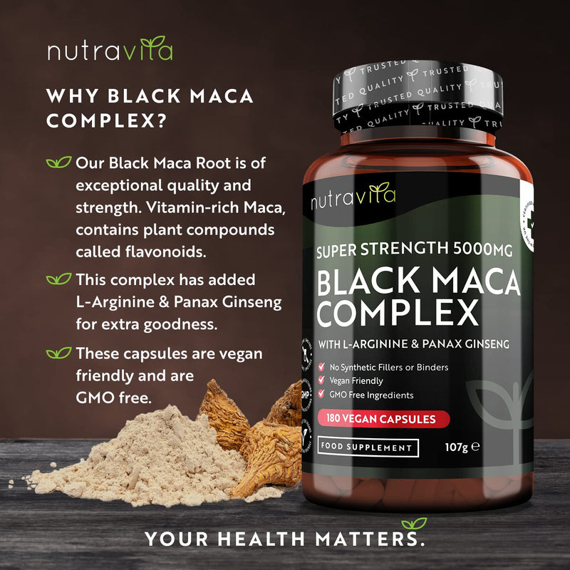 [Australia] - Maca Root Capsules 5000mg (High Strength) – 180 Vegan Black Maca Capsules (6 Month Supply) – Not Tablets – 100% Peruvian Maca – with L-Arginine, Panax Ginseng & Black Pepper – Made in UK by Nutravita 