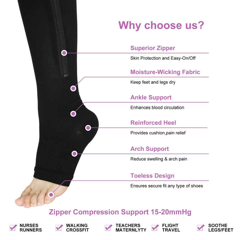 [Australia] - 3 Pairs Zipper Compression Socks Women with Open Toe Toeless Support Stockings Easy on Knee High Socks Large-X-Large Black&brown Skin&grey 