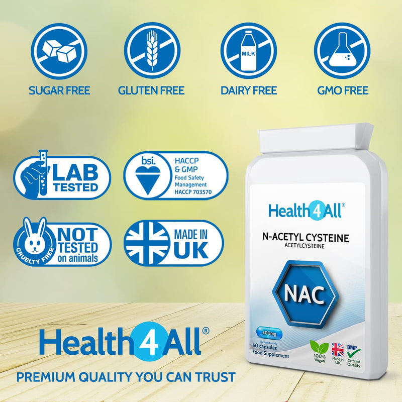 [Australia] - NAC Supplement 600mg 120 Capsules (V) Vegan N-Acetyl Cysteine. Made in The UK by Health4All 120 Capsules (V) 