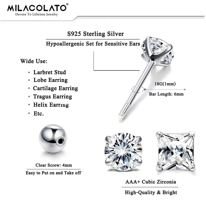 [Australia] - Milacolato 2 Pair 925 Sterling Silver CZ Stud Earring for Women Screw Barbell Tragus Helix Cartilage Earring Set 3-6mm C:5.0 Millimeters 