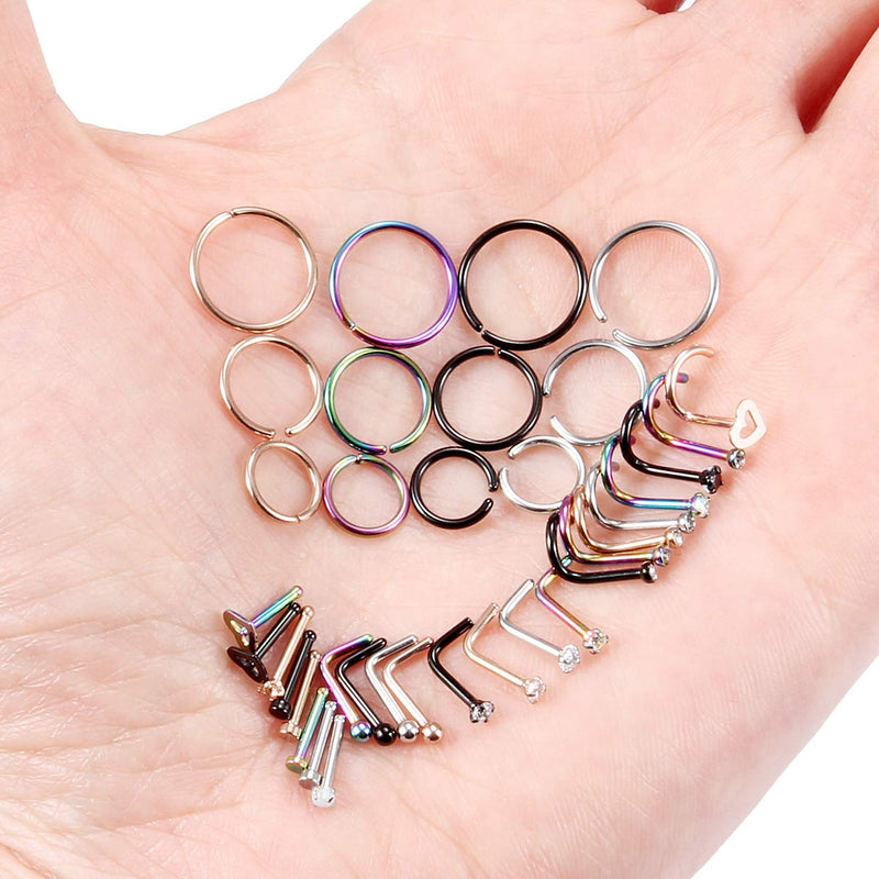 [Australia] - Dyknasz 20g 18G Nose Rings Studs L Shape Nose Screw Surgical Stainless Steel Nose Rings Hoop Diamond Heart Hypoallergenic Nostril Nose Piercing Jewelry for Women Men 36pcs, 18g, mix color 