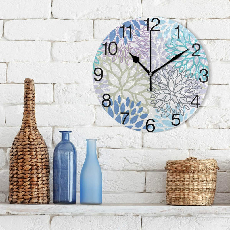 [Australia] - White Dahlia Round Wall Clock, Silent Non Ticking Oil Painting Decorative for Home Office School Clock Art, Blue Grey And Purple 