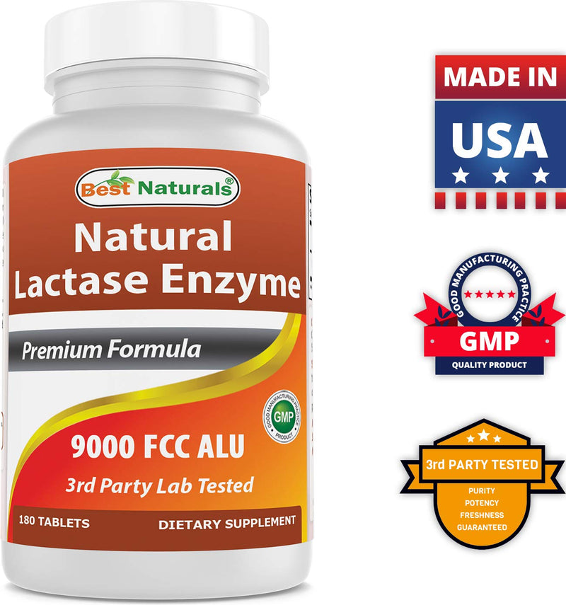 [Australia] - Best Naturals Lactose Intolerance Relief Tablets with Natural Lactase Enzyme, Fast Acting High Potency Lactase, 9000 FCC ALU, 180 Count 