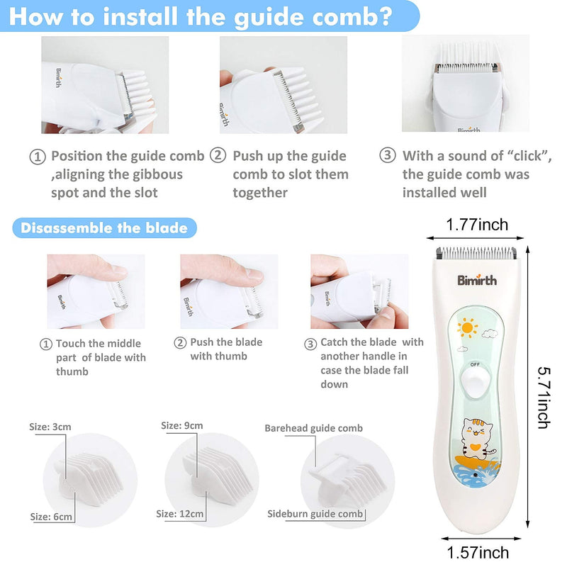 [Australia] - Bimirth Baby Hair Clipper, Silent Hair Clippers for Children, Quiet Kids Hair Trimmer, Cordless Toddler Haircut Machine in Bag for Easy Storage, USB Rechargeable, Waterproof, 3 Guide Combs (with Bag) white-S11 