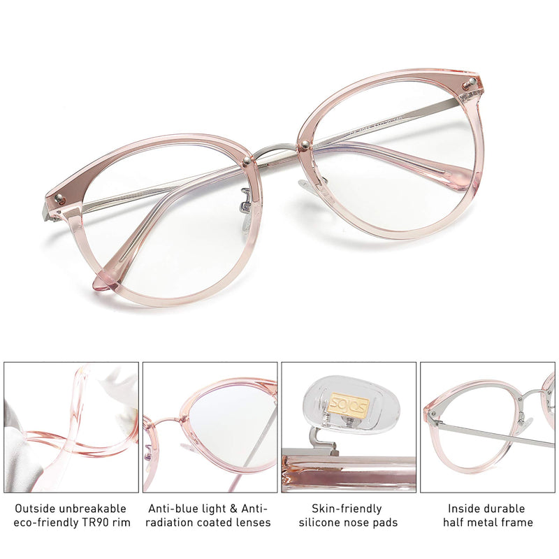 [Australia] - SOJOS Retro Round Blue Light Blocking Glasses TR90 Computer Eyeglasses Ashley SJ9001 C4 Crystal Pink Frame Anti-Blue Light Lens 