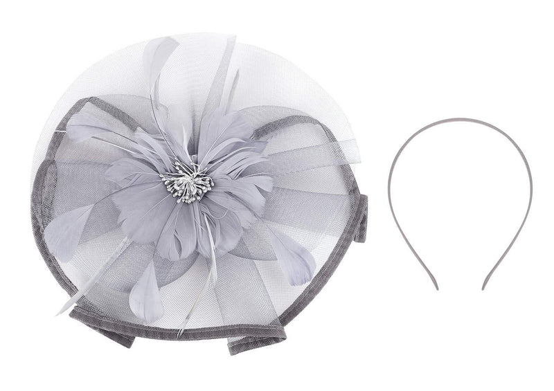 [Australia] - Women Mesh Flower Fascinator Hat Net Veil Wedding Party Feather Hat Retro Kentucky Derby Hat Headband Cocktail Tea Bridal Shower Hair Clips Sinamay Pillbox Hat Royal Ascot Church Head Piece Headwear Grey 