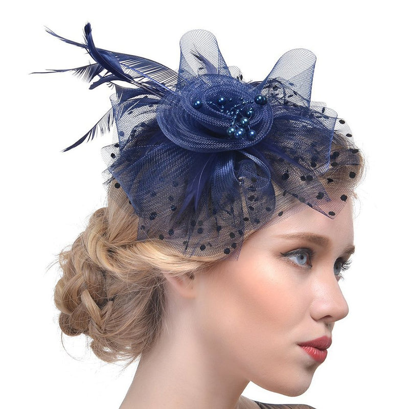 [Australia] - DRESHOW Fascinators Hat Flower Mesh Ribbons Feathers on a Headband and a Clip Tea Party Headwear for Girls and Women 7" Diameter / Navy 