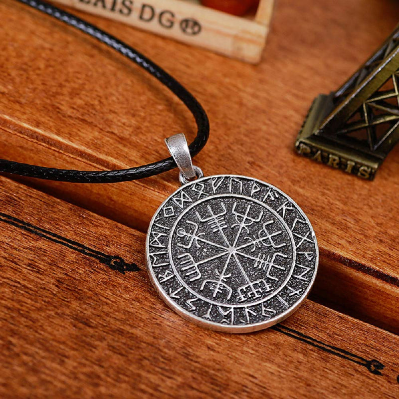 [Australia] - HAQUIL Viking Jewelry Viking Compass Vegvisir Pendant Necklace with Leather Cord for Men and Women 1 