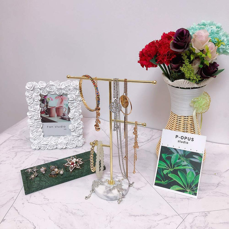 [Australia] - Feelava Jewelry Organizer,Solid Marble Gold T-Bar Necklace Display Stand Earrings Holder for Home with Marble Pattern Round Tray Jewellery Stand for Necklaces, Bracelets, Earrings, Rings and Watches, Medium 