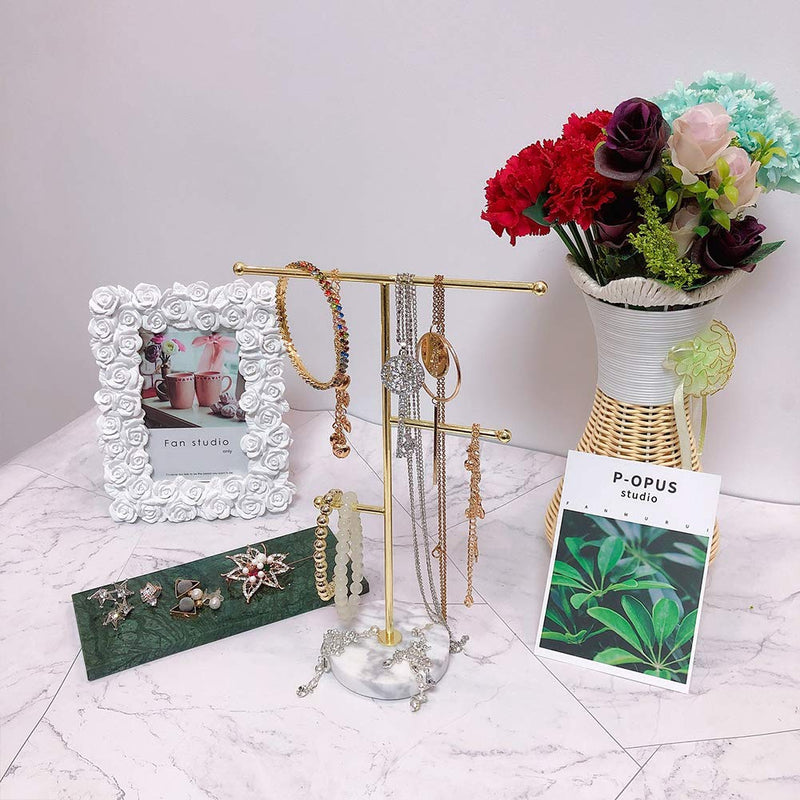 [Australia] - Hileyu Jewelry Stand Display Necklace Holder T-Bar Plated Metal Tabletop Jewelry Organizer Tower for Hanging Pendant Earring Bracelet Rings Accessories (Gold) 