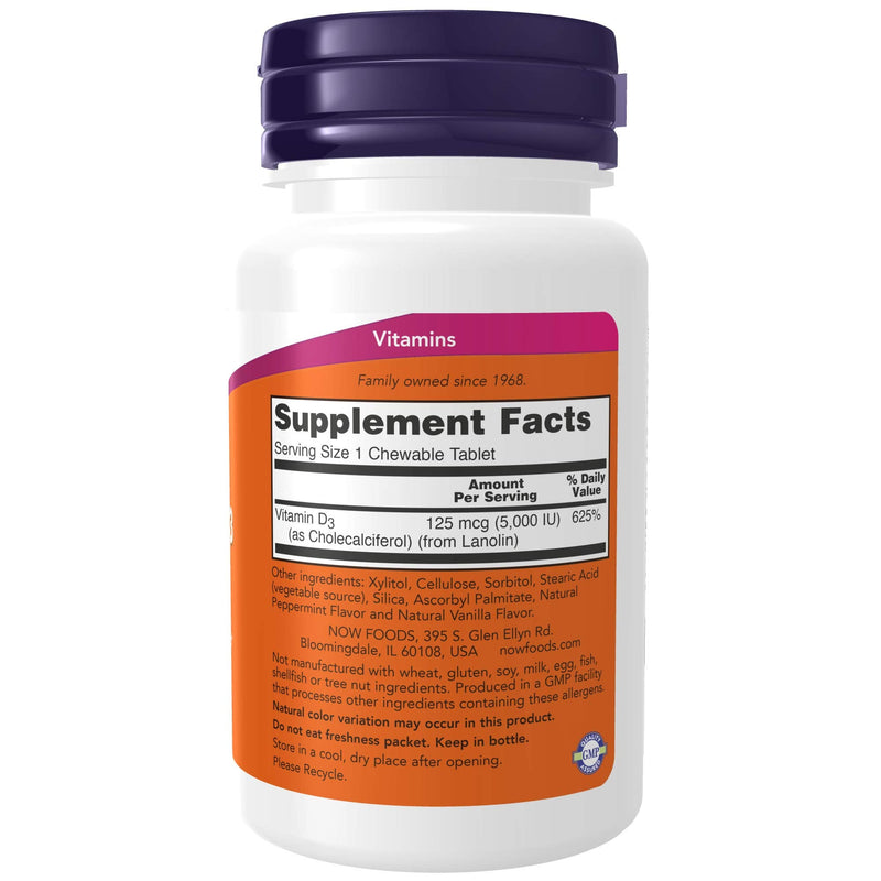 [Australia] - NOW Supplements, Vitamin D-3 5,000 IU, Natural Mint Flavor, Structural Support*, 120 Chewables 