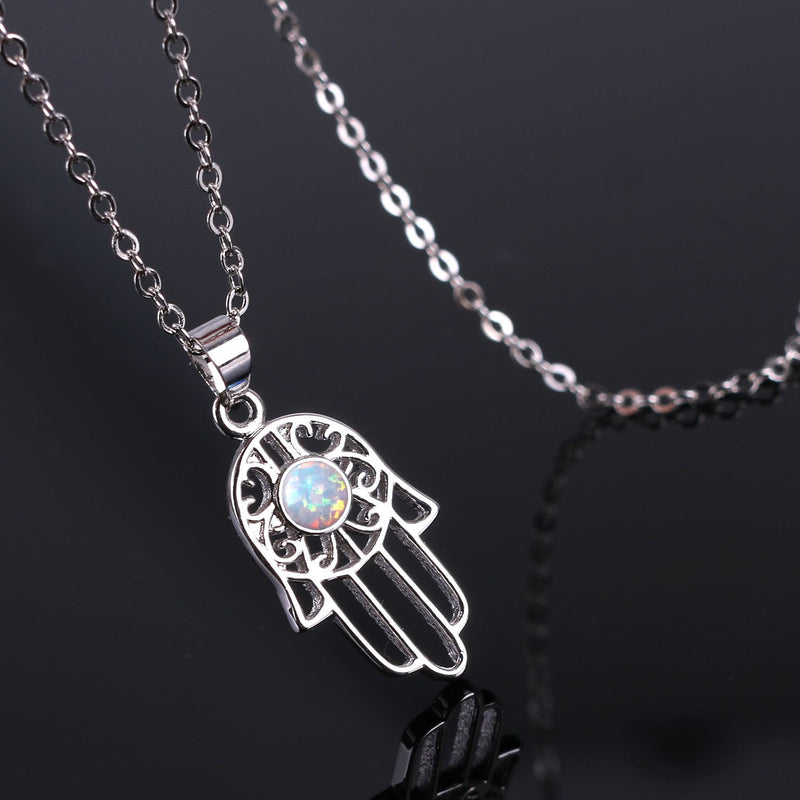 [Australia] - KELITCH Hamsa Hand Necklace with Created Opal Pendant Amulet Fatima Jewelry, 18'' White Hamsa 