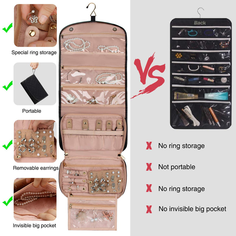 [Australia] - Travel Jewelry Organizer Roll with Zipper Pockets Large Hanging Jewelry Roll Bag Case for Rings, Earrings, Necklaces, Bracelets, Brooches, Waterpoof Bag with Separate Compartments (Large, Black) 