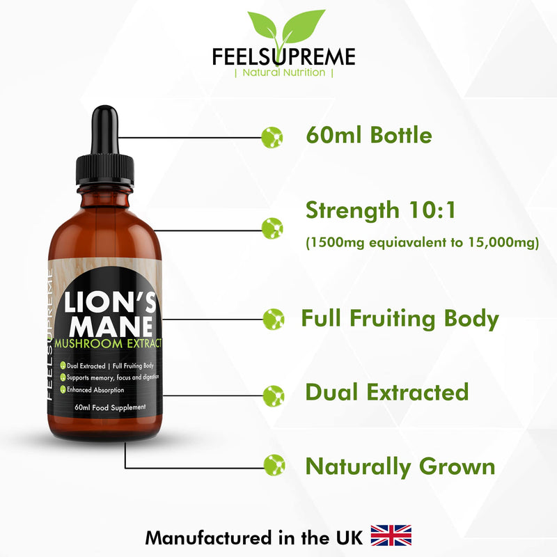 [Australia] - Lions Mane Supplement Mushroom Extract (60ml) High Strength 10:1(15,000mg) Whole Fruiting Body Focus Memory Sleep Brain Health More Easily Absorbed Than Capsules or Powder 