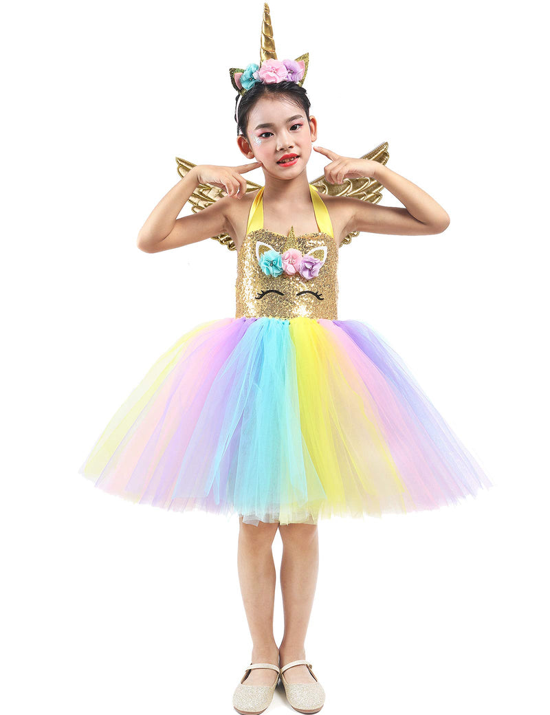 [Australia] - Tutu Dreams 3pcs Gold Unicorn Dress with Wings and Headband for Girls 1-10Y Birthday Christmas Party Gifts 1-2T 