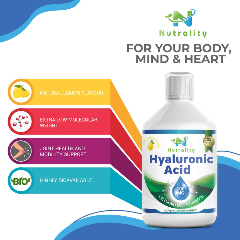 [Australia] - Nutrality Liquid Hyaluronic Acid Dietary Supplement, 100 mg, Low Molecular Natural Cell Hydrating Formula with Vitamin C for Advanced Joint Support, Vegan Friendly 