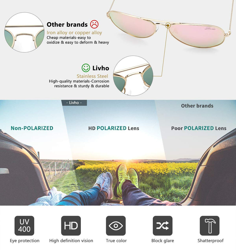 [Australia] - livho Classic Polarized Aviator Sunglasses UV Mirrored Lens Metal Retro Shades Pink Mirrored Lens/Gold Frame(rose Gold) 50 Millimeters 