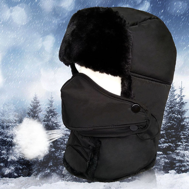 [Australia] - LETHMIK Winter Trapper Ushanka Hat Unisex Faux Fur Waterproof Hunting Hat with Breathable Mask Black One Size 