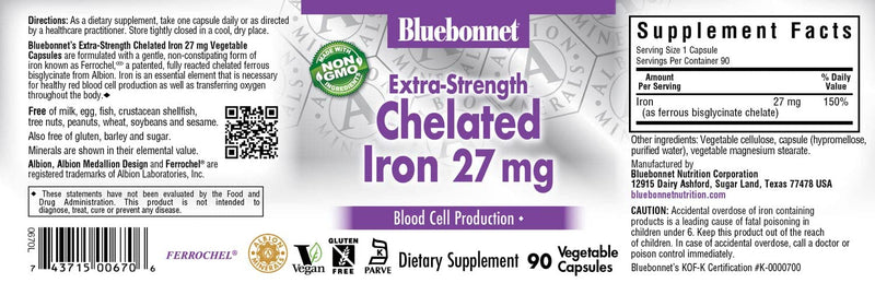 [Australia] - Bluebonnet Nutrition Albion Extra-Strength Chelated Iron 27 mg, For Healthy Red Blood Cell production*, Soy-Free, Gluten-Free, Non-GMO, Kosher, Dairy-Free, Vegan, 90 Vegetable Capsule, 90 Serving 
