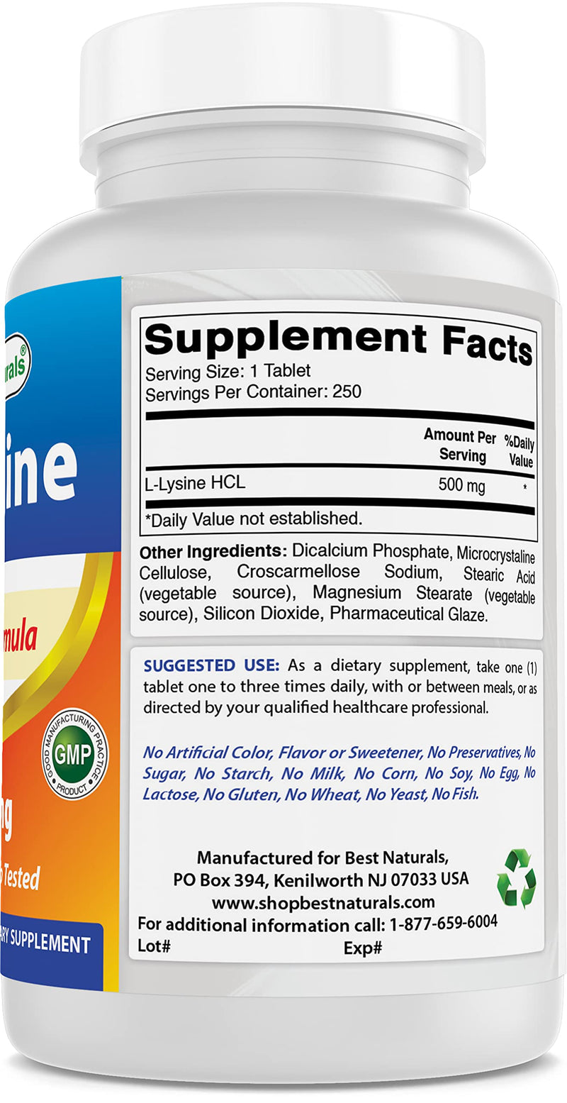 [Australia] - Best Naturals L-Lysine 500 mg 250 Tablets (250 Count (Pack of 1)) 250 Count (Pack of 1) 