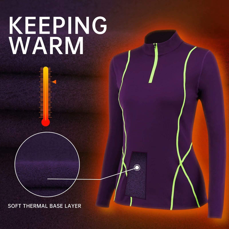 [Australia] - TERODACO Half Zip Thermal Base Layer Women Warm Wicking Ski Base Layers with Micro Fleece Long Sleeves Ladies Thermal Tops for Running Hiking Cycling Soft Quick Dry Breathable 1-purple S 