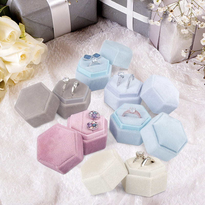 [Australia] - DesignSter Hexagon Velvet Ring Bearer Box - Premium Gorgeous Vintage Double Ring Display Holder with Detachable Lid for Proposal, Engagement, Wedding, Ceremony (Beige) Beige 