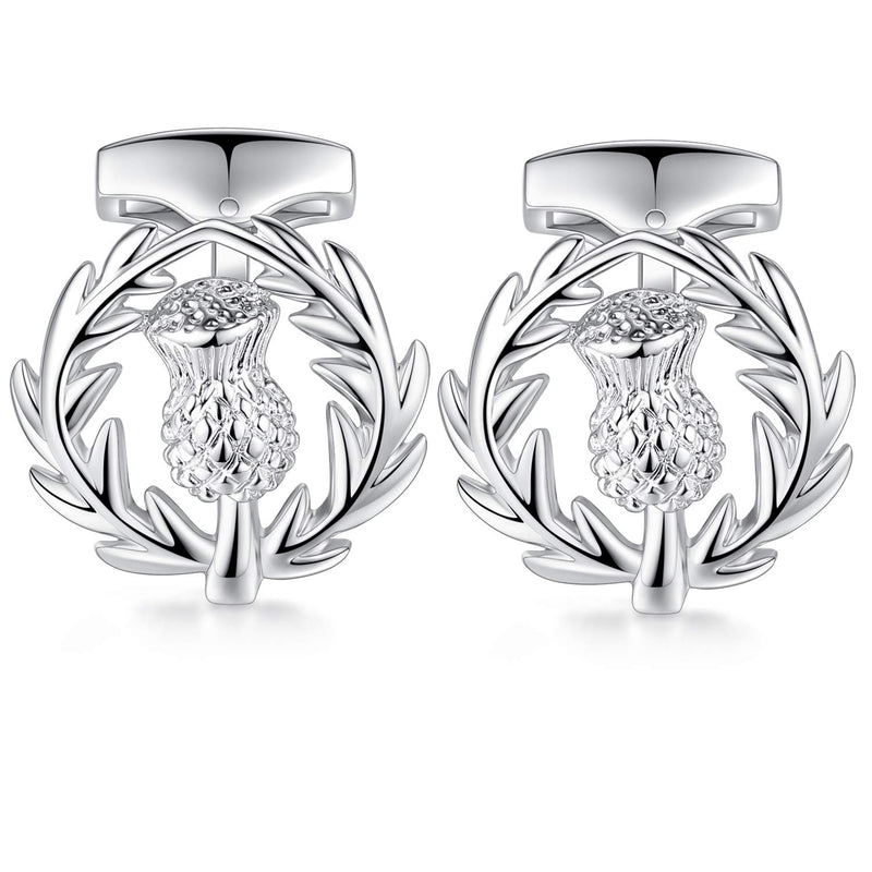 [Australia] - HONEY BEAR Scortland Thistle Flower Cufflinks for Mens Wedding Gift Silver 