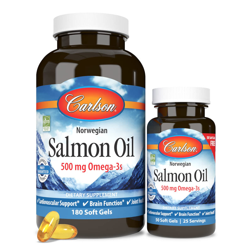 [Australia] - Carlson - Norwegian Salmon Oil, 500 mg Omega-3s, Norwegian Salmon Oil Supplement, Wild Caught Omega 3 Salmon Oil Capsules, Sustainably Sourced, Brain, Heart & Joint Health, 180+50 Softgels 230 Count (Pack of 1) 