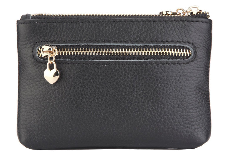 [Australia] - Women Genuine Leather Zip Mini Coin Purse with Key Ring Triple Zipper Card Holder Wallet (Black) Black 