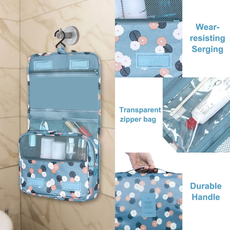 [Australia] - Travel Wash Bag Discoball Toiletry Bags with Compartment for Womens Girls Toiletries Storage Organizer, Hanging, Folding, Waterproof (Blue Flower) Blue Flower 