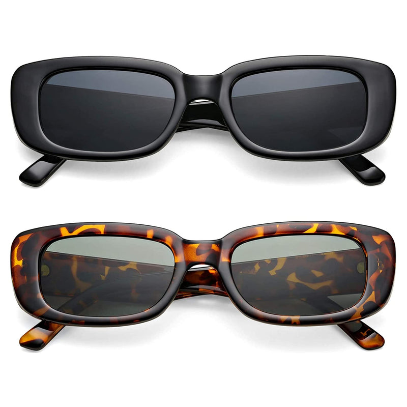 [Australia] - OYMI Rectangle Sunglasses Retro Driving Glasses Narrow Square Frame UV400 Protection Eyewear for Women Men Black Frame Grey Lens + Leopard Frame Dark Green Lens 