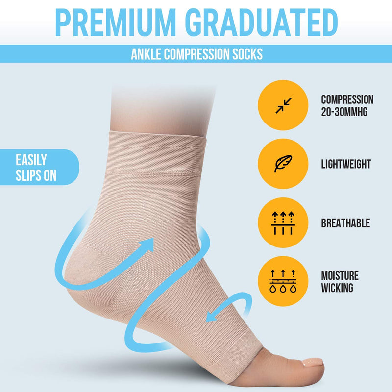 [Australia] - Ankle Compression Sleeve - 20-30mmhg Open Toe Сompression Socks for Swelling, Plantar Fasciitis, Sprain, Neuropathy - Nano Brace for Women and Men Beige Medium 