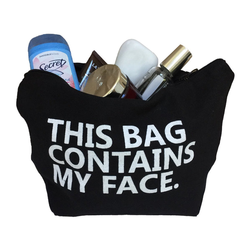 [Australia] - This Bag Contains My Face Black Big Cosmetic Makeup Bag Canvas Toiletry Travel Kit Case 11.75x7.5x5 Black (White Text) 