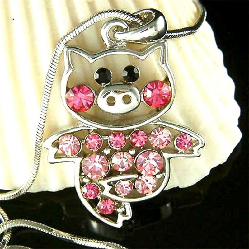 [Australia] - Adorable Little Pig Piggy Pendant and Necklace Pink and Rose Crystal 18" Snake Chain Fashion Jewelry 