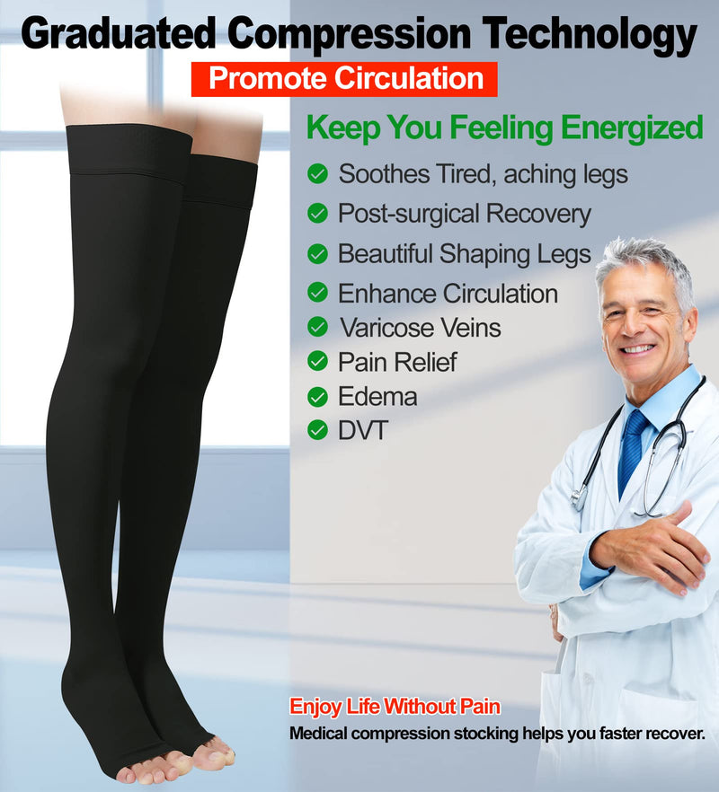 [Australia] - Thigh High Compression Stockings, Open Toe, Pair, Firm Support 20-30mmHg Gradient Compression Socks with Silicone Band, Unisex, Opaque, Best for Spider & Varicose Veins, Edema, Swelling, Black XXL 2X-Large 