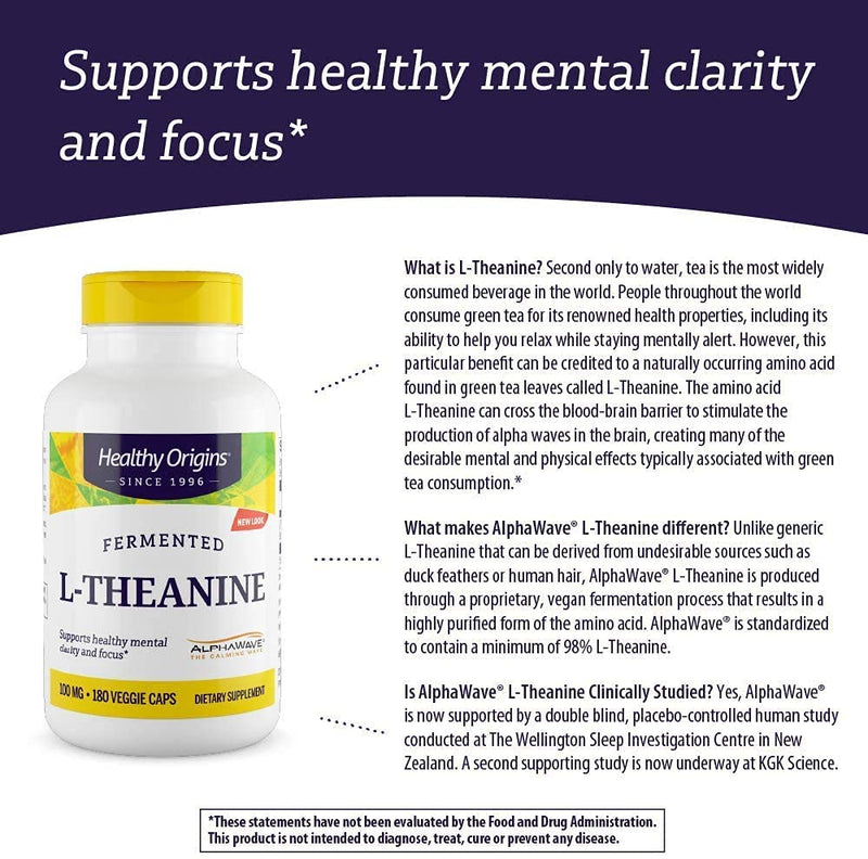 [Australia] - Healthy Origins L-Theanine (AlphaWave) 100 mg, 180 Veggie Caps 180 Count (Pack of 1) 