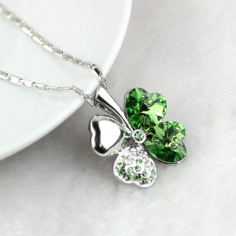 [Australia] - Four Leaf Clover Necklace - Green St.Patrick's Day Shamrock Jewelry - Good Luck - Green Clover Necklace, Earrings, Bracelet, Brooch - Crystals and Rhinestones - Mall of Style Silver Necklace 