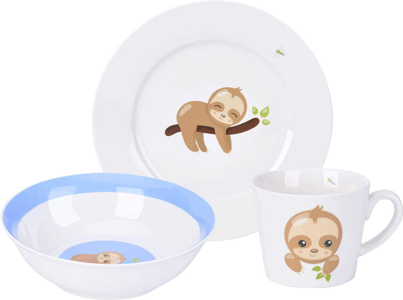 [Australia] - 3 Piece Childrens Dinnerware Set - Durable Vegan New Bone China Kids First Ceramic Tableware - Sloth Plate, Mug and Bowl Gift for Boys, Girls, Keepsake 