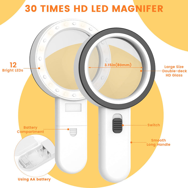 [Australia] - AIXPI Magnifying Glass with Light, 30X Handheld Large Magnifying Glass 12 LED Illuminated Lighted Magnifier for Macular Degeneration Seniors Reading Inspection Coins Jewelry 