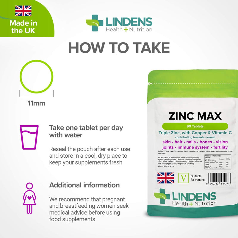 [Australia] - Lindens Zinc Max Tablets - 90 Pack - Provides 300% Nrv Dose and Fortified with Vitamin C & Copper to Contribute Towards Healthy Hair, Skin, Nails, Vision & Hormone Balance - UK Manufacturer, Letterbox Friendly 