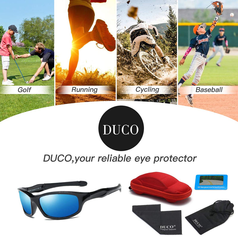 [Australia] - DUCO Kids Sunglasses Boys Sports Polarized Sunglasses Youth Sunglasses for Boys And Girls Age 3-10 K006 Black Frame Black Temple Revoblue Lens 2.16 Inches 