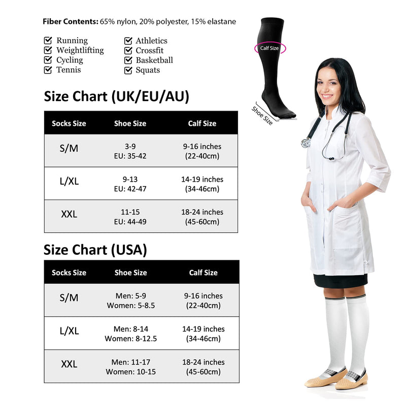 [Australia] - Compression Socks for Women Men (20-30 mmHg Class 2) Flight Air Travel, Calf Shin Support Stockings, DVT Sport, Running, Flying, Nurses, Pregnancy, Circulation, Skiing - S/M Black S-M 